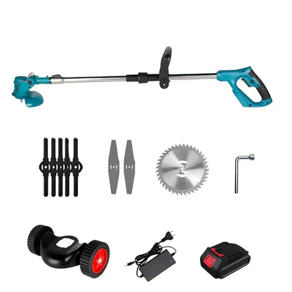 GardenGlide™ | Cordless & Foldable Grass Trimmer – Adjustable Height, Wheels & 3 Blade Types