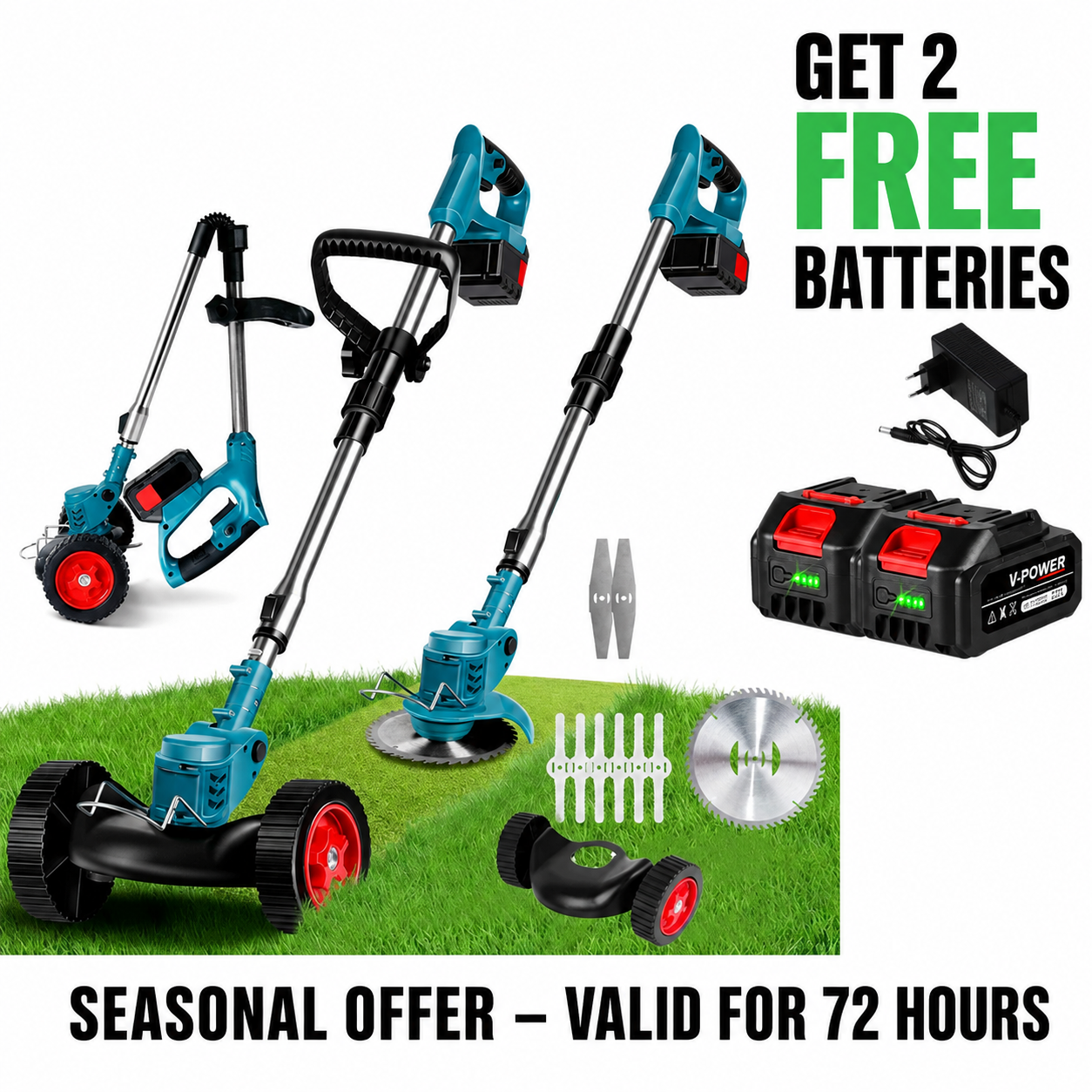 GardenGlide™ | Cordless & Foldable Grass Trimmer – Adjustable Height, Wheels & 3 Blade Types