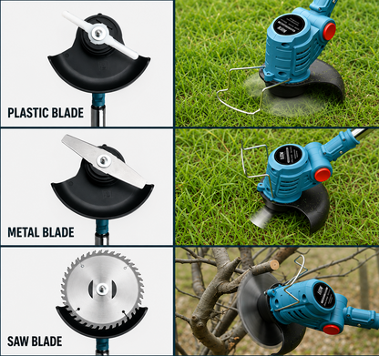 GardenGlide™ | Cordless & Foldable Grass Trimmer – Adjustable Height, Wheels & 3 Blade Types