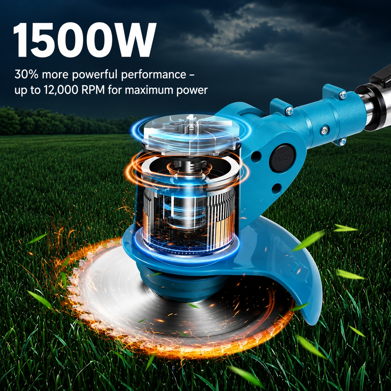 GardenGlide™ | Cordless & Foldable Grass Trimmer – Adjustable Height, Wheels & 3 Blade Types